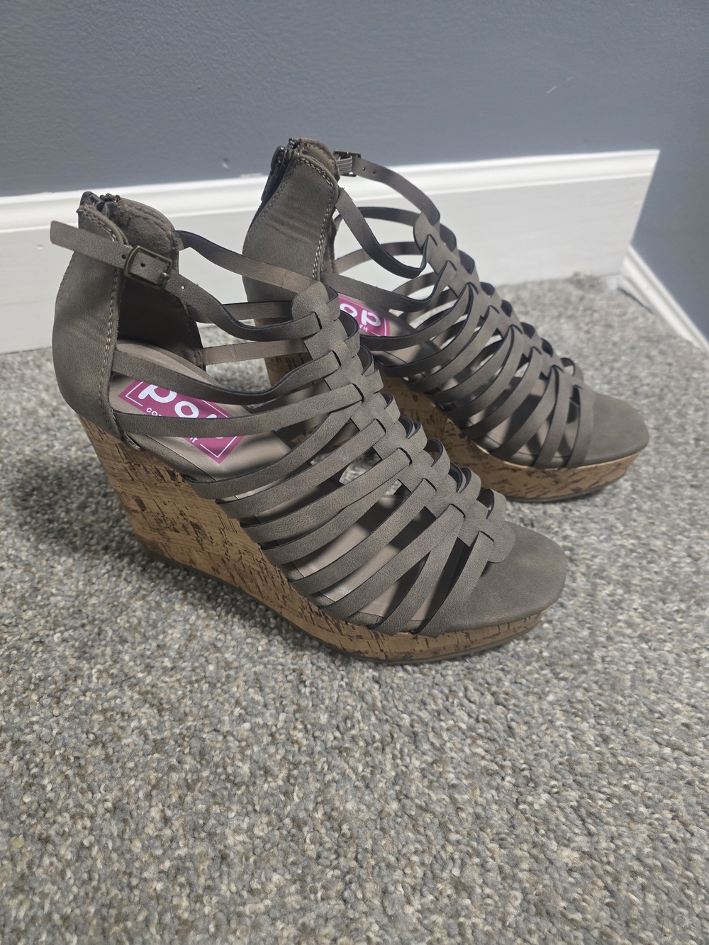 Pop Olive-Taupe Strappy Cork Wedge Sandals